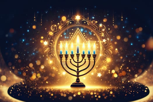 Image jewish holiday Hanukkah with menorah traditional candelabra and candles on a dark background with bright bokeh