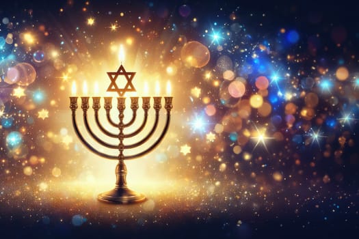 Concept banner for Jewish holiday Hanukkah, space for text on background with bokeh