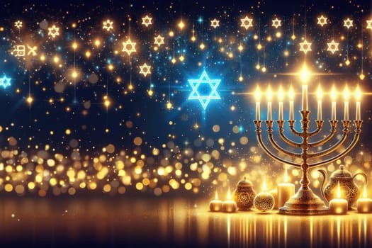 Image jewish holiday Hanukkah with menorah traditional candelabra and candles on a dark background with bright bokeh