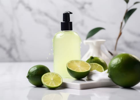 ingredient oil spa lemon lime care bottle organic skincare leaf medicine wellness natural treatment vegetarian essential beauty massage body freshness. Generative AI.