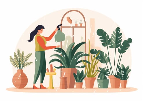 garden woman home leaf entrepreneur happy green flower girl gardener pot florist room houseplant botanist work hobby indoor floral job potted person. Generative AI.