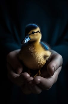 child yellow newborn small cute happy care farm duck nature bird holding close-up girl hand young little spring duckling portrait. Generative AI.
