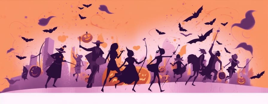 fantasy party moon background witch halloween girl horror pumpkin invitation evil creepy sorcerer hat autumn black night holiday card costume design. Generative AI.
