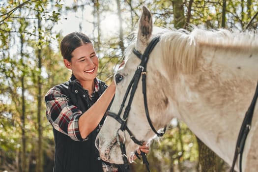 Happy woman with horse in forest, grooming in nature and love for animals, pets or dressage with trees. Equestrian sport, girl jockey or rider standing in woods for adventure, rub and smile on face