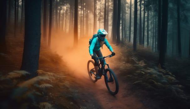 woman summer young bicycle forest walking bicyclist sunset nature female sport cycling riding dark tree helmet person park lifestyle recreation bike. Generative AI.