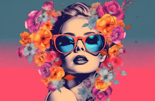 bouquet woman poster floral face dream fashion collage art portrait trend design inspiration rose fantasy abstract spring tropical contemporary creativity flower. Generative AI.