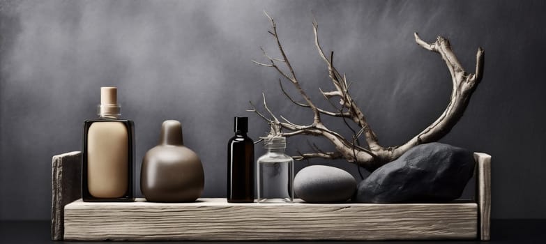 minimalism nature background tree branch tree concept composition closeup promotion halloween bottle exhibition natural cosmetic beauty presentation organic dais layout product scene. Generative AI.