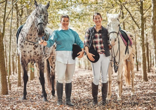 Portrait, women and horses in a forest, smile and happiness with animal care, stallion and countryside. Adventure, pets or girls with nature, activity or friends with hobby, bonding together or woods.