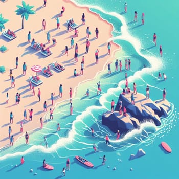 people having fun in the beach, isometric view, sea waves, 3d illustration generative ai art