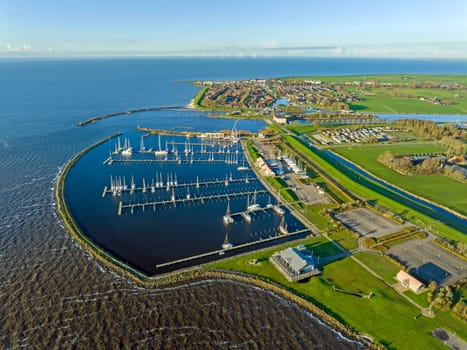 Aerial from the harbor and city Stavoren at the IJsselmeer in the Netherlands