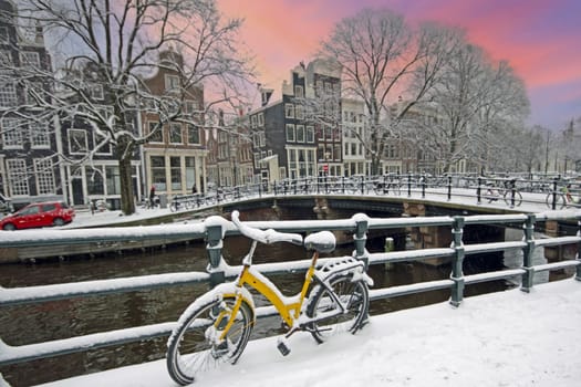 Snowy Amsterdam in the Netherlands in winter