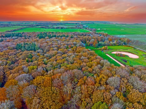 Aerial landscape in fall in the Netherlands Europe at sunset