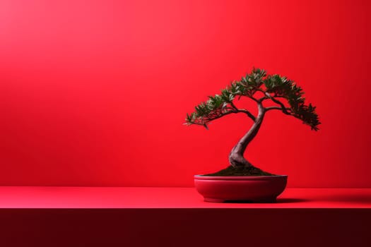 Miniature bonsai tree in a ceramic pot on a background with a copy space. Minimalism.