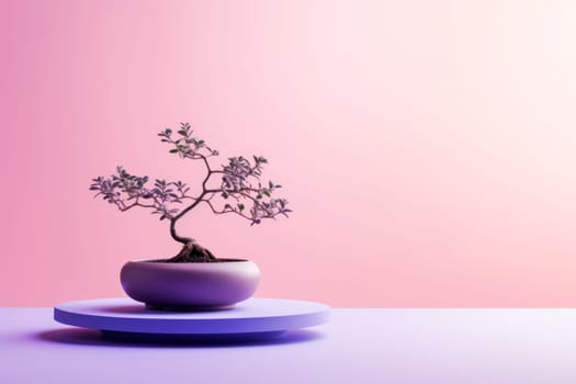 Miniature bonsai tree in a ceramic pot on a background with a copy space. Minimalism.