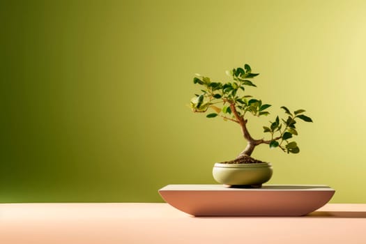 Miniature bonsai tree in a ceramic pot on a background with a copy space. Minimalism.