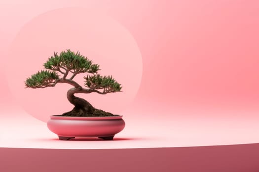 Miniature bonsai tree in a ceramic pot on a background with a copy space. Minimalism.