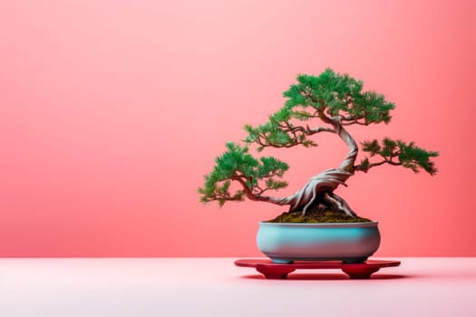 Miniature bonsai tree in a ceramic pot on a background with a copy space. Minimalism.