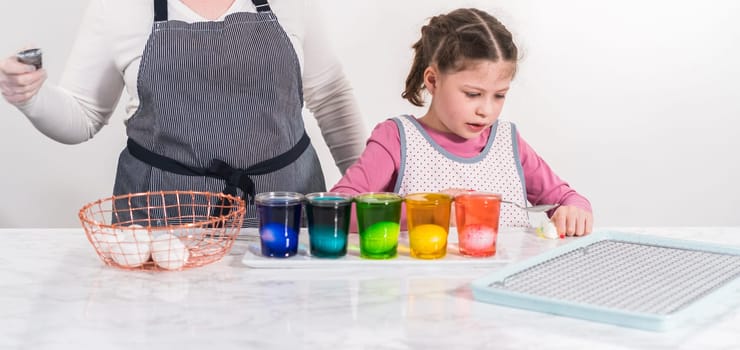 Easter egg coloring. Dye white organic eggs in different colors for Easter.