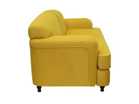 modern yellow fabric sofa isolated on white background, side view. retro couch, furniture in minimal style, interior, home design