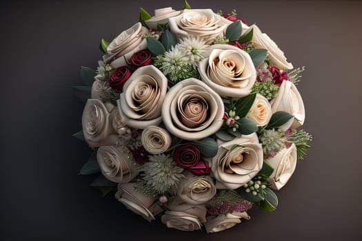 Beautiful bridal bouquet of different flowers on a dark background. ai generative