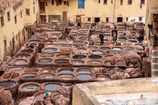 Famous tannery in the medina of Fes, where leather is being processed for generations, Morocco