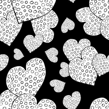 Seamless Pattern with Hearts. Hand Drawn Valentines Background. Black and White Hearts on White Background. Digital Paper Drawn by Colored Pencils.