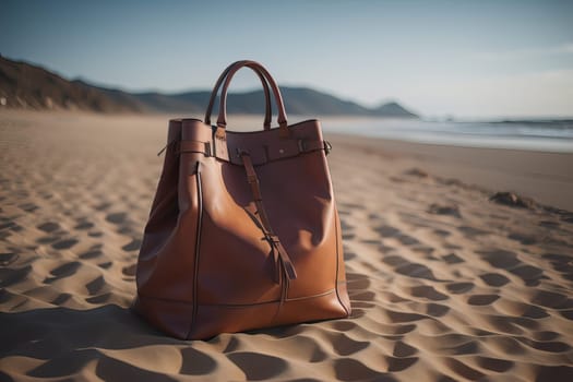Leather handbag on the sand beach. Selective focus. ai generative