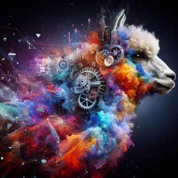 a color explosion of paint render alpaca steampunk geared poly and gears creation abstract scupture generative ai art
