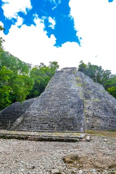 Coba Maya Ruins the ancient building and pyramid Nohoch Mul in the tropical forest jungle in Coba Municipality Tulum Quintana Roo Mexico.