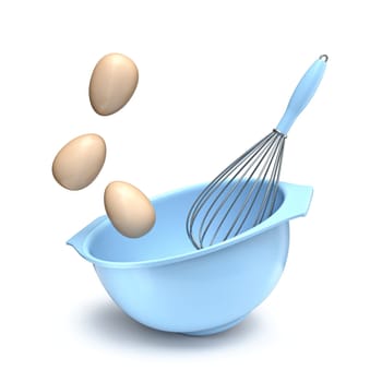 Blue bowl with whisk and eggs 3D rendering illustration isolated on white background