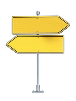Blank yellow road sign arrows 3D rendering illustration isolated on white background