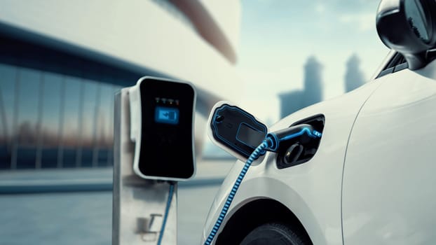 Innovative electric car connected to charging station with future architecture building background. Technological advancement rechargeable EV car using alternative clean and sustainable energy. Peruse