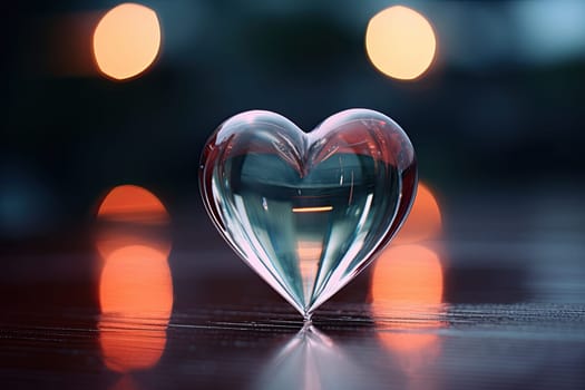 Abstract transparent heart shape against night lights and reflections.