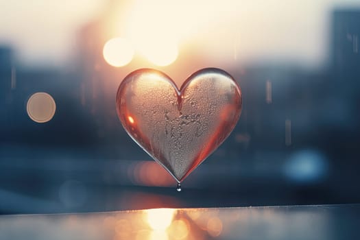 Abstract transparent heart wet shape against sunlight on blur background.