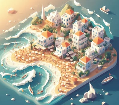 isometric 3d render of a touristic happy colored crowded village at the sea in summertime ai generative art