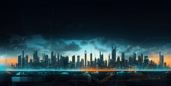 Abstract futuristic night city, Concept for IOT, smart city, speed connection and taintless advanced communication network.