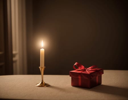 Lovely Christmas background with gifts, decorations and candles on the table