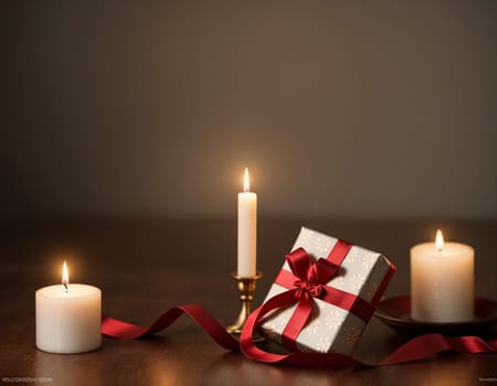 Lovely Christmas background with gifts, decorations and candles on the table