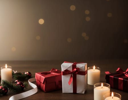 Lovely Christmas background with gifts, decorations and candles on the table