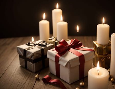 Lovely Christmas background with gifts, decorations and candles on the table