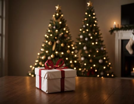Lovely Christmas background with gifts, decorations and candles on the table