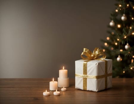 Lovely Christmas background with gifts, decorations and candles on the table