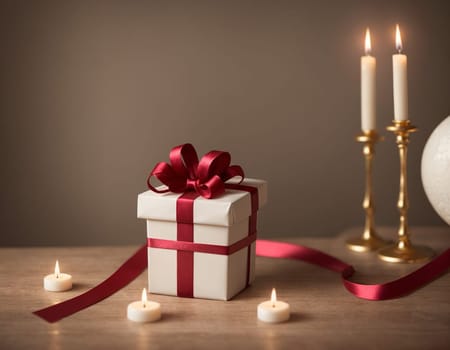 Lovely Christmas background with gifts, decorations and candles on the table