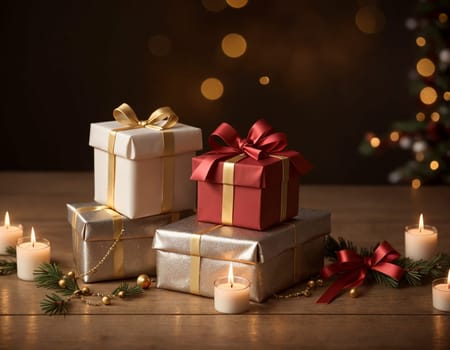 Lovely Christmas background with gifts, decorations and candles on the table