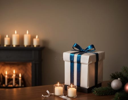 Lovely Christmas background with gifts, decorations and candles on the table
