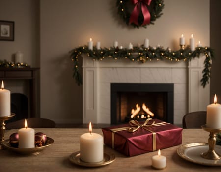 Lovely Christmas background with gifts, decorations and candles on the table