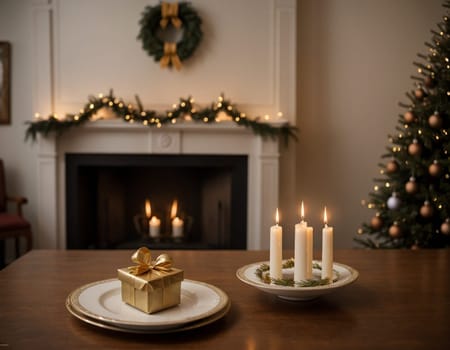 Lovely Christmas background with gifts, decorations and candles on the table