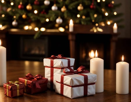Lovely Christmas background with gifts, decorations and candles on the table