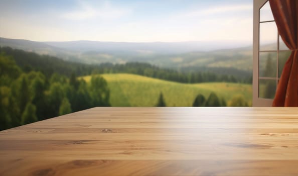 a wooden table top next to an open window, against a blurry background of meadows, forest and sky,