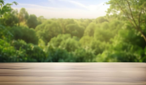 wooden tabletop over against the backdrop green trees and sky.